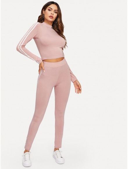 Mock Neck Striped Tape Sideseam Fitted Top Leggings Set