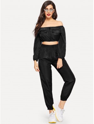 Crop Jacket Elastic Waist Pants